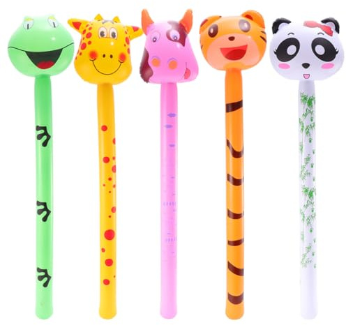 Kisangel Aufblasbare Pvc Tierspielzeuge für Kinder 5 Stück mit Langen Stöcken Sichere Party Dekoration mit Kuh Tiger Panda Hirsch Schnell Aufblasbar für Kindergeburtstag Zufälliger Stil