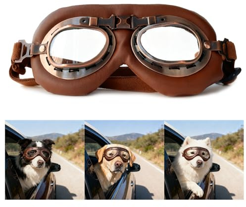 BaiMoure Retro Hundebrille Klarsicht für mittlere Hunde | Hundeschutzbrille klappbar, Winddicht, Verstellbar, Augenschutz für Motorrad Auto Cabrio Fahrradkorb, Splitterschutz