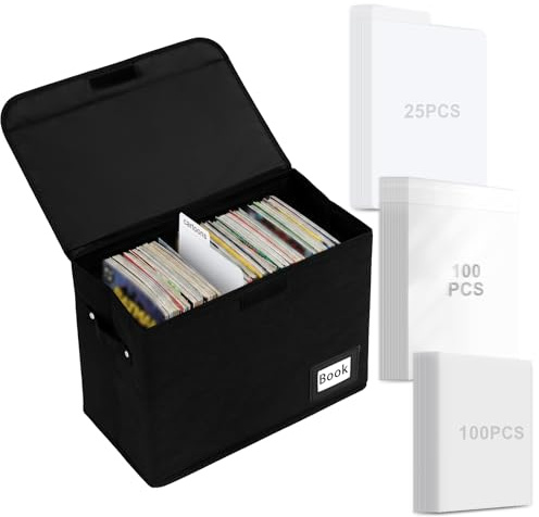 Sadnyy Comic Book Storage Box with 25 Pack Dividers, 100 Pcs Current Bags and 100 Pcs Boards, Holds 160-180 Comic Book Organizer Heavy Duty Bin Container Holder Shelf