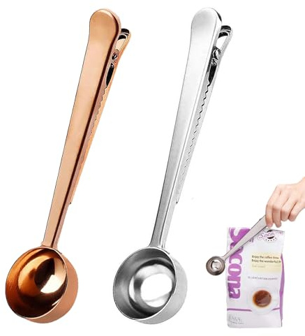 2 PCS Coffee Scoop with Bag Clip, Coffee Scoop and Clip, Coffee Spoon Clip, for Cafetiere Ground Coffee and Beans(Silver+Rose Gold)