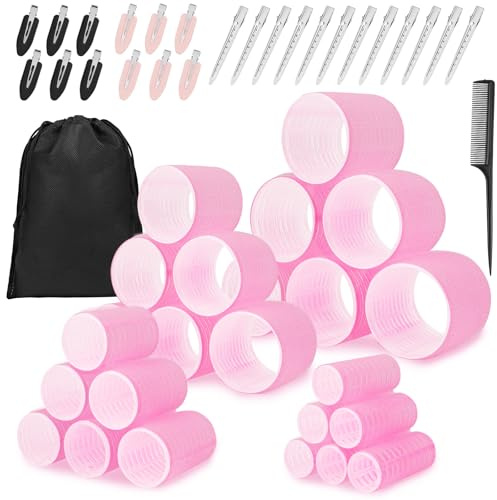 HOTUT 50Pcs Bigoudis Cheveux Set, 24 Bigoudis Magiques et 24 Pinces Métalliques et 1 Peigne, 4 Tailles, Rouleaux Cheveux Chauffant Heatless Curling, pour Salon de Coiffure et Styles DIY