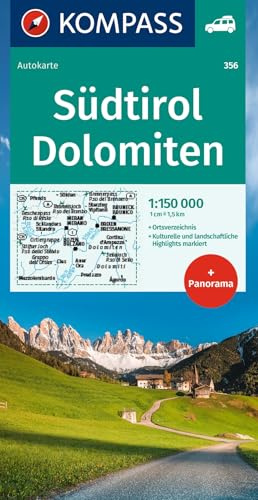 KOMPASS Autokarte Südtirol, Dolomiten, South Tyrol, Dolomites 1:150.000: mit Panorama auf der Rückseite