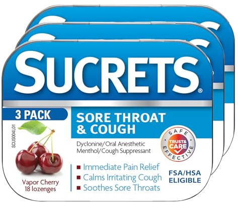 Sucrets Lozenges, Sore Throat & Cough Vapor Cherry, 18 ct (Pack of 3)