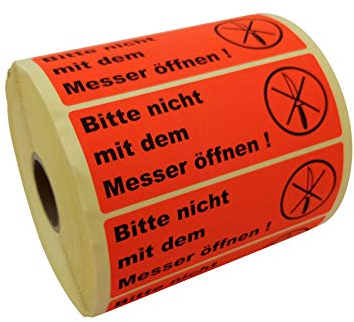 Prolac – 1000x „BITTE NICHT MIT DEM MESSER ÖFFNEN“ Warnhinweis Aufkleber (Warnaufkleber) | Sticker selbstklebend | Warnetiketten | Kein Klebeband/Kleberolle - 115 x 37 mm