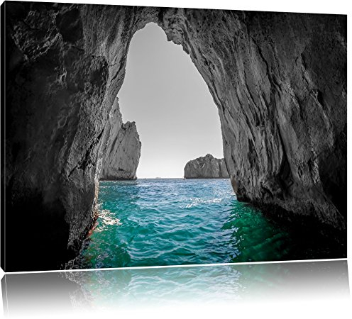 Pixxprint Felsenbucht im Meer B&W, Größe: 60x40cm, Leinwandbild, fertig gespannt, Wandbild, Dekoration, Kunstdruck, kein Poster