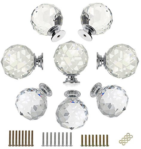 BTSKYljm 8 Pcs Round Diamond 40mm（1.57inches） Clear Glass Crystal Cabinet Knobs-Cupboard Door Knobs/Crystal Drawer Pull Handles/Glass Dresser Knobs With 3 kinds of Screw
