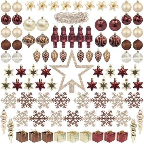 ITART 101pcs Christmas Tree Ornaments Assortment Including Star Tree Topper Baubles Snowflakes Pine Cone Nutcracker Figurines Poinsettia Beads Garlands (Red Brown and Champagne)