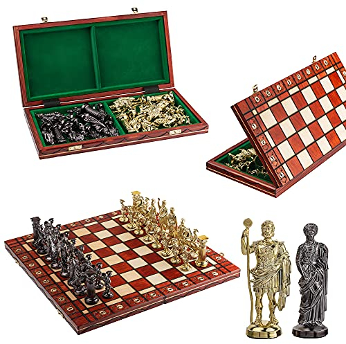 Master of Chess Spartan 40 x 40 cm Holz Schach Metalizzed Kunststoff alte Rom Themed Zahlen auf Holz Schachbrett, Classic Schach Game