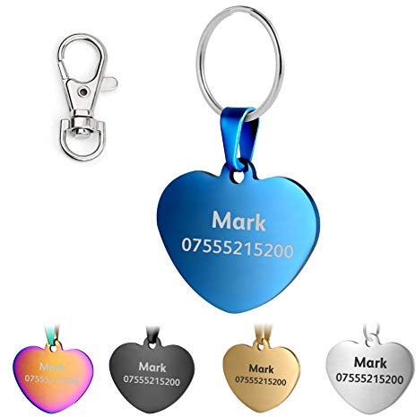 KSZ Hundemarke mit Gravur,ID Tag für Hunde und Katzen,Rostfreier Stah Knochen Rundes Rechteck Herzform 5 Farben (Herz(s), Blau)