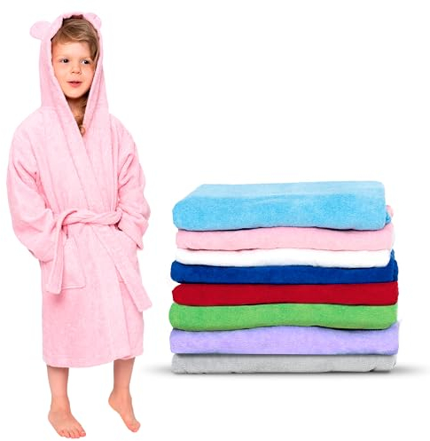 Twinzen - Peignoir Enfant Coton pour Fille et Garçon - 100% Coton Oeko-TEX® sans Produits Chimiques- 2 Poches, Ceinture, Capuche avec Oreilles,11-12 ans,Rose
