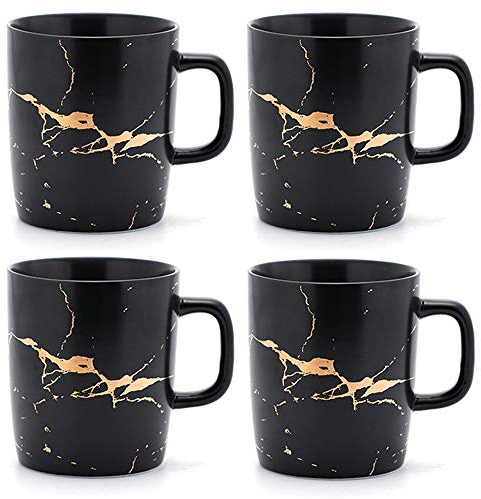 Coffeezone 12 oz Matte Ceramic Marble Tea Coffee Mugs Luxury Gold Inlay (Black, 4 Mugs Gold Marble)