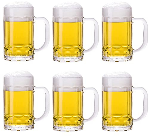 TUSAPAM Paquete de 6 vasos de cerveza grandes pesados con asa, jarras de vidrio de 14 onzas, juego clásico de vasos de cerveza