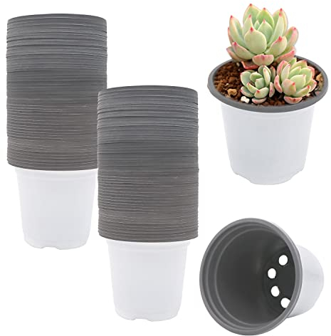 GGOUPTY Plastic Nursery Plant Pots White 100 PCS 3.5 Inch Flower Fruit Vegetable Container for Garden Plant Seed Starting Growing