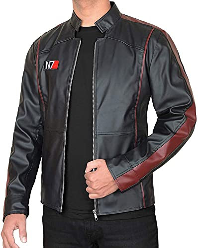 EU Fashions Herren N7 Mass Effect 3 Street Fighter Commander Shepard Gaming-Kostüm Schwarz Lederjacke, Schwarz – N7 Schaffell Echtleder Jacke, L
