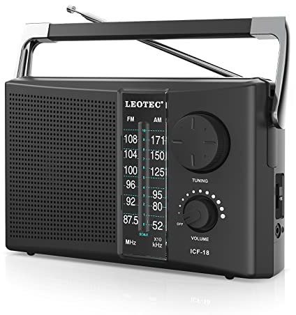 LEOTEC Portable AM FM Radio with Best Reception,Battery Operated or AC Power,Big Speaker,Large Tuning Knob,Clear Dial,Earphone Jack for Gift,Elder,Home Black