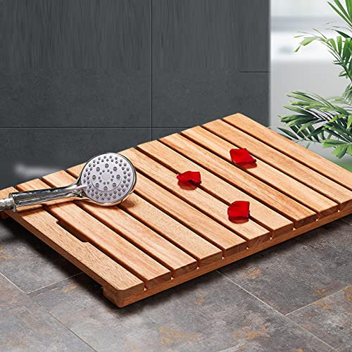 Caillebotis de Douche Naturel,Baignoire Antidérapant,Caillebotis de Douche Bois,Tapis de Bain de Douche,Bouchon en Caoutchouc Antidérapant,pour Spa à La Maison Ou à l'Extérieur (90x40cm/35x15.7in)