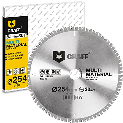 GRAFF Sägeblatt 254x30 Metall Holz Aluminium Laminat Kunststoff – Multi Material Kreissägeblatt 254x30 mm für Kappsäge, Tauschsäge, Tischkreissäge, Akku Handkreissäge – Professional Sägeblatt 254x30