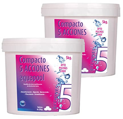 Pack Ahorro 2 uds Compacto 5 ACCIONES AQUAPOOL (200 GR) - Pastillas de Cloro multifunción - Disolución Lenta - Apto Piscinas Liner (2x5 KG)