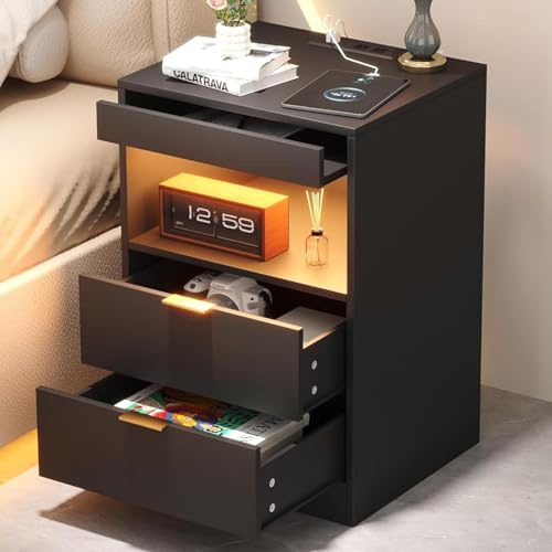 Yusong Nachttisch, Nachttisch, LED Nachttisch mit Ladestation, moderner Nachttisch, Holz Sofa Couch Beistelltisch mit 2 ausziehbaren Ablagen (Schwarz 001)