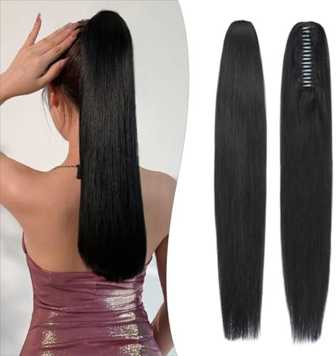 S-noilite Pferdeschwanz Extensions Echthaar mit Klammer - Zopf Haarverlängerung Glatt 105g Extensions Echthaar Ponytail 40cm #1 Jet Schwarz