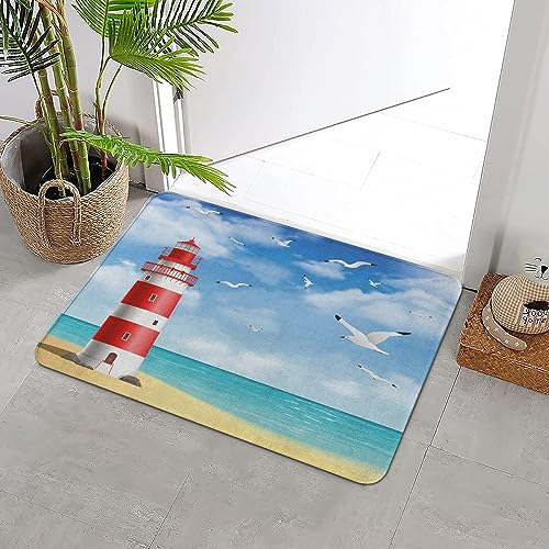 Badteppich rutschfeste,Strand Realistische Illustration Leuchtturm an ruhiger Küste Fliegende Möwen Meereslandsc,Wasserabsorbierend Badematte maschinenwaschbar Badvorleger für Dusche,Badewanne,40x60cm