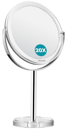 Auxmir Kosmetikspiegel Doppelseitiger Schminkspiegel mit 1X/20X Vergrößerung, Tischspiegel Stehend 360° Schwenkbar, Abnehmbarer Reisespiegel für Schminken Makeup Gesichtspflege und Rasieren