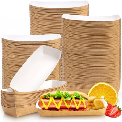 Lyellfe 200 Pack Paper Food Boats, Heavy Duty Hot Dog Tray, Grease Resistant 3 Lb Kraft Take Out Paperboard Tray for Festival, Carnival, Concession Stand, Fries, Chicken Tenders