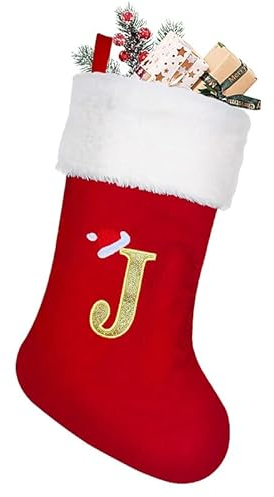 NIBESSER Weihnachtsstrümpfe mit Initialen Rot Klassische Flanell Nikolausstrumpf Buchstabe Christmas Stocking 38 cm Hängende Ornamente Weihnachtssocken Kamin Nikolausstiefel mit Letter J