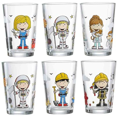 Ritzenhoff & Breker Juego de 6 vasos infantiles de 205 ml, con diseño de astronauta, trabajador de la construcción, bombero, astronauta, veterinario, mecánico, apto para lavavajillas