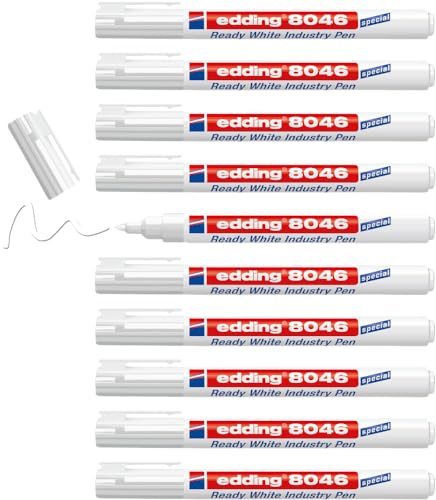 edding 8046 Feutre blanc industrie prêt à l'emploi - blanc - 10 stylos - pointe ogive 1-3mm -Marqueur permanent opaque pour le marquage et l'étiquetage du métal, du verre, de la pierre ou du plastique