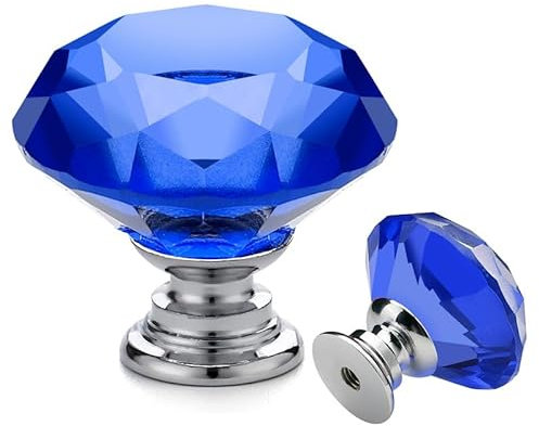 Ravinte Lot de 5 boutons et poignées de tiroir en cristal bleu en forme de diamant - Pour commode, tiroir, cuisine, armoire - Boutons de 30 mm avec base argentée