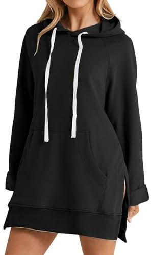 Oversized Hoodie Dress First Ones Oversized Hoodies Women's Casual Pullover Long Sleeve Split Hem Long for Women Thermal (Black, L)