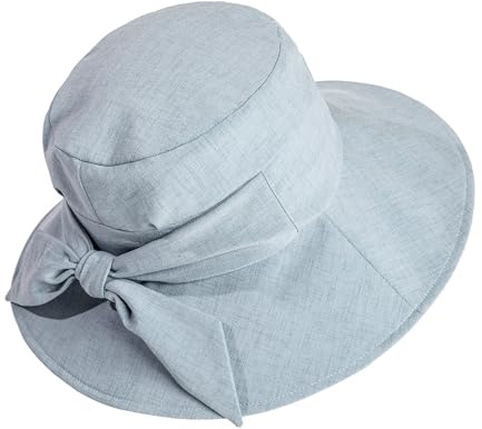 Comhats Sun Hats Women Linen Cotton Summer UPF 50 Wide Brim Bucket Hat for Ladies UV Hat Packable Gardening Outdoor Bowknot Light Blue M