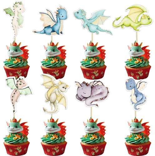 Ephlyn 36Pcs Dragon Party Cupcake Toppers Dragon Birthday Party Decoration Fantasy Dragon Cake Decorations for Flying Dragon Baby Shower Supplies