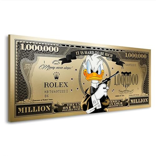 Kunstgestalten24 Donald Duck Bond Dollar Gold Style Pop Art Leinwandbild | Kunstdruck | Wanddeko | Street Art | Gemälde | Comic Bilder | Wandbild Leinwand Modern 125x50x4cm