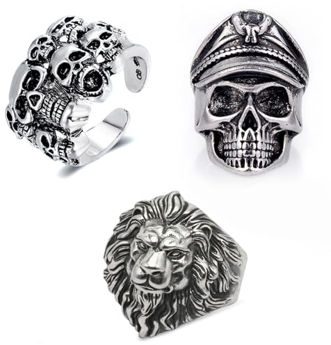 Lithyc 3er-Pack Totenkopf-Herrenringe, Totenkopf Ring, Ringe Herren, Totenkopf Schmuck,Verstellbare Ringe, Hip-Hop-Halloween-Biker-Ringe