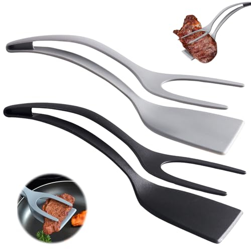 2 in 1 Easy Egg Flipper - Fried Egg Spatula, Handle Turn of the Tongs, Non-Stick Fried Egg Spatula, Cooking Tool, Kitchen Utensils, for Fried Egg, Burgers, Steak (Black + Grey)