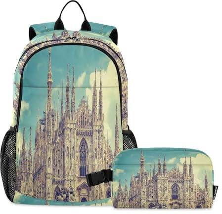 Retro Italien Duomo View Schultasche und Lunchbag Set für Teenager Mädchen Grundschule Mittelschule Grundschule Wasserdicht Rucksack Kinder Büchertasche Rucksack, #03, One size