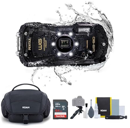 RICOH PENTAX WG-90 Compact Camera, Black with Accessory Cleaning Kit Bag and 64GB Ultra SDXC UHS-I Memory Card (3 Items)