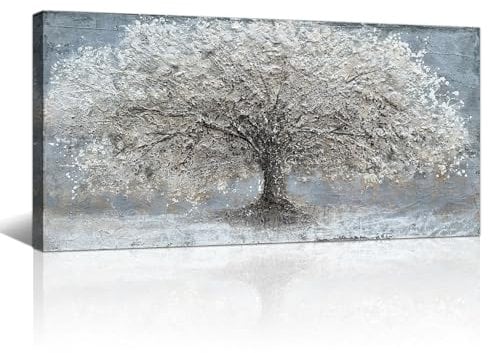 FjerminArt Grande Quadro Moderno Stampa su Tela Con Cornice Quadro su tela grigio argento Albero Della Vita Astratto pittura quadri moderni soggiorno camera da letto Decorazione Murale 100x50cm