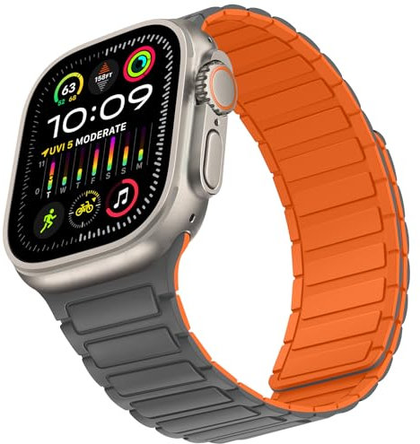 Suphart Magnetic Watch Straps Compatible with Apple Watch Strap 49mm 46mm 45mm 44mm 42mm, Soft Silicone Replacement Band Designed for iWatch Ultra 2 Ultra SE Series 10 9 8 7 6 5 4, Grey Orange