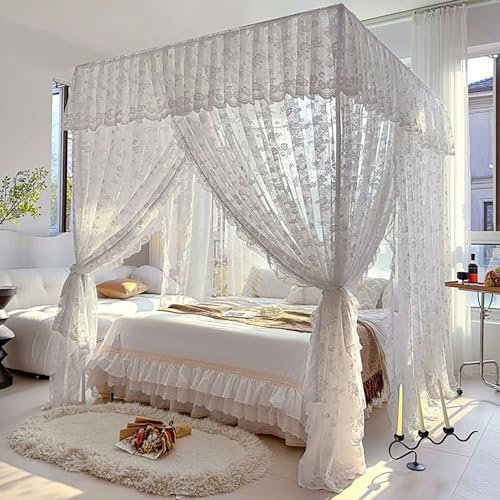 BAILEYU Prinzessin Moskitonetz Doppelbett Große 4 Poster Baldachin Bettvorhang mit 3 Öffnungen Ideal für Schlafzimmer Dekorative Oder Theme Party (Pole Nicht Enthalten),White, 1.8 * 2.0m