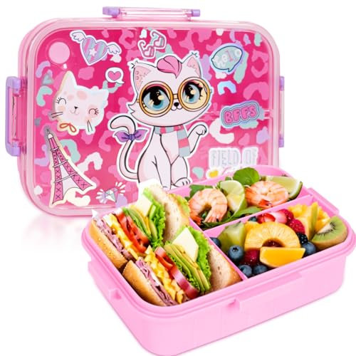 PinkSheep Bento Lunch Boxes for Kids, 1200 ml BPA-Free Leak-Proof Children Food Containers with 3 Compartments, Back to School Students Daycare Lunches/Snack Container (Kittty)