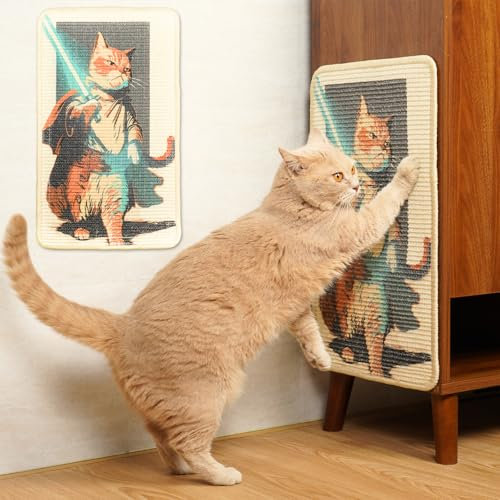 Sisal Katze Kratzmatte 56x33 cm für Boden, Wand, Teppich, Couchmöbel, Kratzbretter mit Klettverschluss, Anti-Kratzer Möbel Schutz (Lichtschwert Katze)