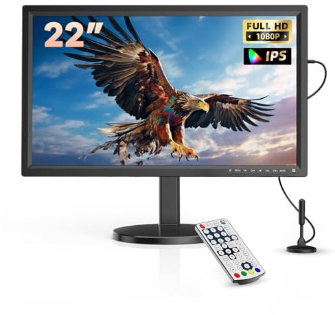 DESOBRY 1080P 22 Zoll Mini Fernseher, HDMI USB AV-Eingang, Kleiner Fernseher mit DVB-T2-Tuner, Kompakter 12V Fernseher für Küche und Wohnmobil, oder Oder Computer-/Überwachungsbildschirm