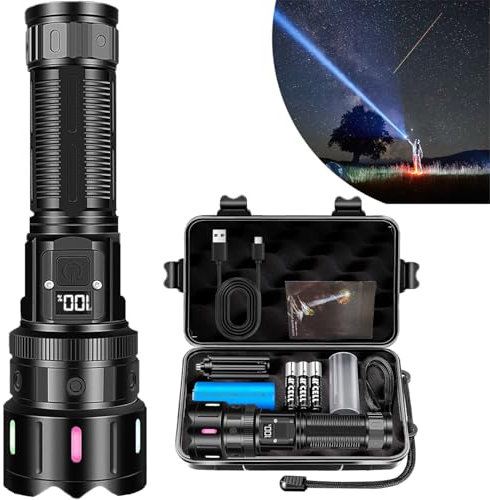 YUNYU LED Torch, Super Bright 500000 Lumens Rechargeable High Power Flashlight, Adjustable Focus, 5 Lighting Modes, Powerful Tactical Flashlight for Camping, Hiking, Emergency [Energy Class A+++]