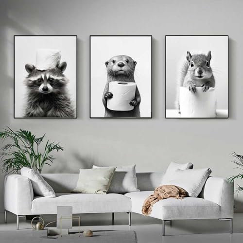 3 Affiche Animaux Toilette Noir et Blanc Tableau Salle de Bain Poster Mural Drole 30x40cm Impression sur Toile Humour Photo Sauvages Image Animal Toilette Toile Deco Murale Moderne
