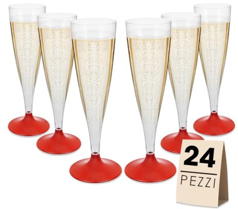 MA MAISON Flute da Champagne 100 ml Eleganti Calici in Plastica Riutilizzabili, Resistenti, Trasparenti, Riciclabili - Flute per Feste Calici di Vino- Bicchieri Lavabili Colorati (Base Rossa - 24 Pz)
