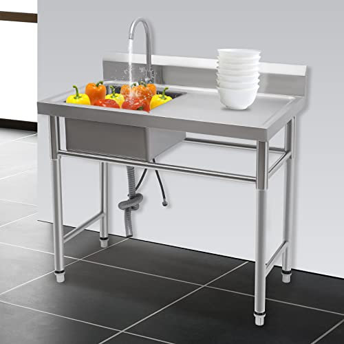 201 Edelstahl Küchenspüle Spültisch Freistehend mit Wasserhahn und Ablaufsieb für drinnen und draußen 100 * 60 * 93CM Silber