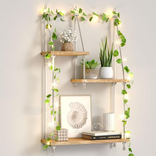FKSLIFE Hanging Shelves for Wall,Macrame Hanging Plant Shelf with Vine Lights 3 Tier Rope Floating Shelf Wood Organizer Storage Rack Boho Wall Decor Aesthetic for Succulents Bedroom Bathroom Kitchen